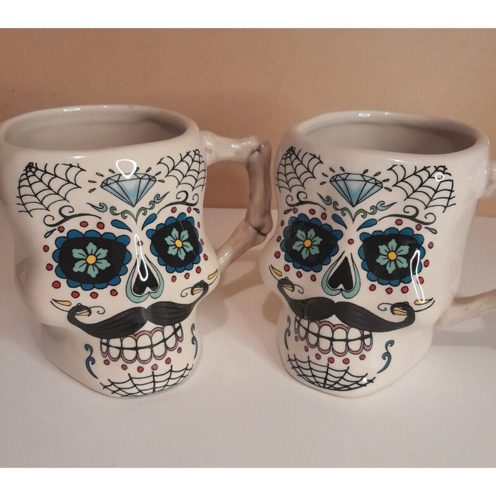 Skull Mugs Day Of The Dead Sugar Skull Halloween Mugs Cracker Barrel Stoneware